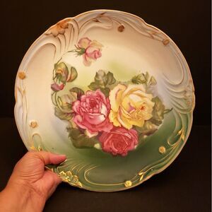 Bavaria Round Platter Porcelain Plate Pink Yellow Roses Green Gold Vintage